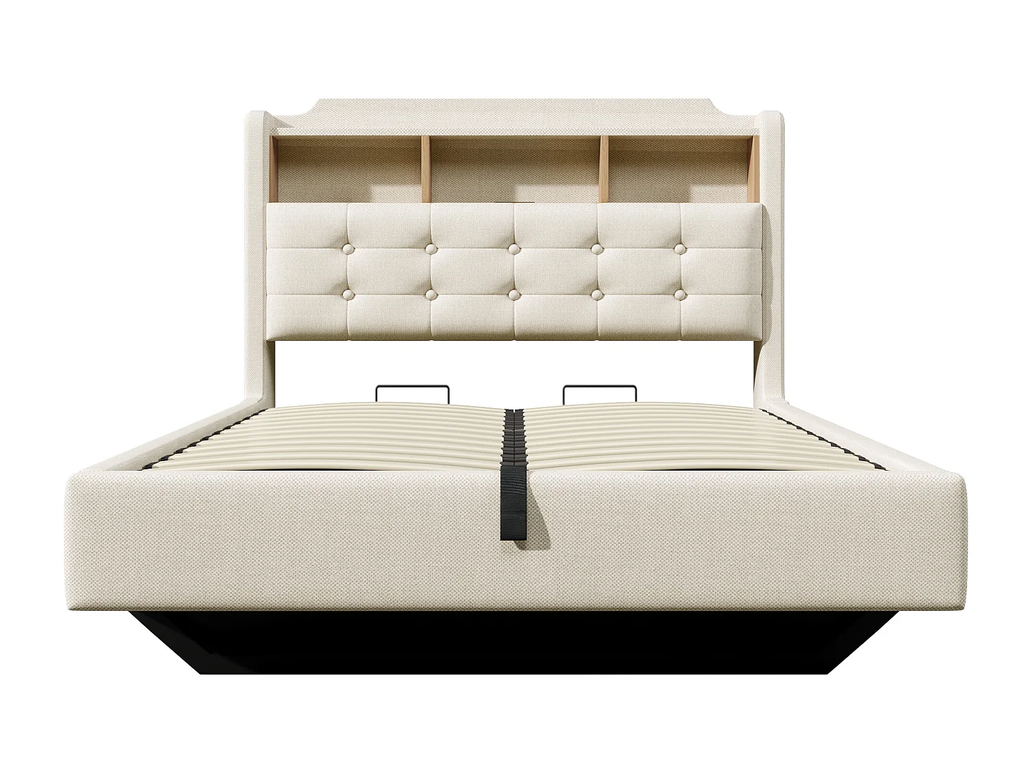 Łóżko tapicerowane ze schowkiem 140x200 cm - z oświetleniem LED - wyposażone w interfejs USB + Type-C - tkanina lniana - beżowy​ (materac nie jest wliczony w cenę)