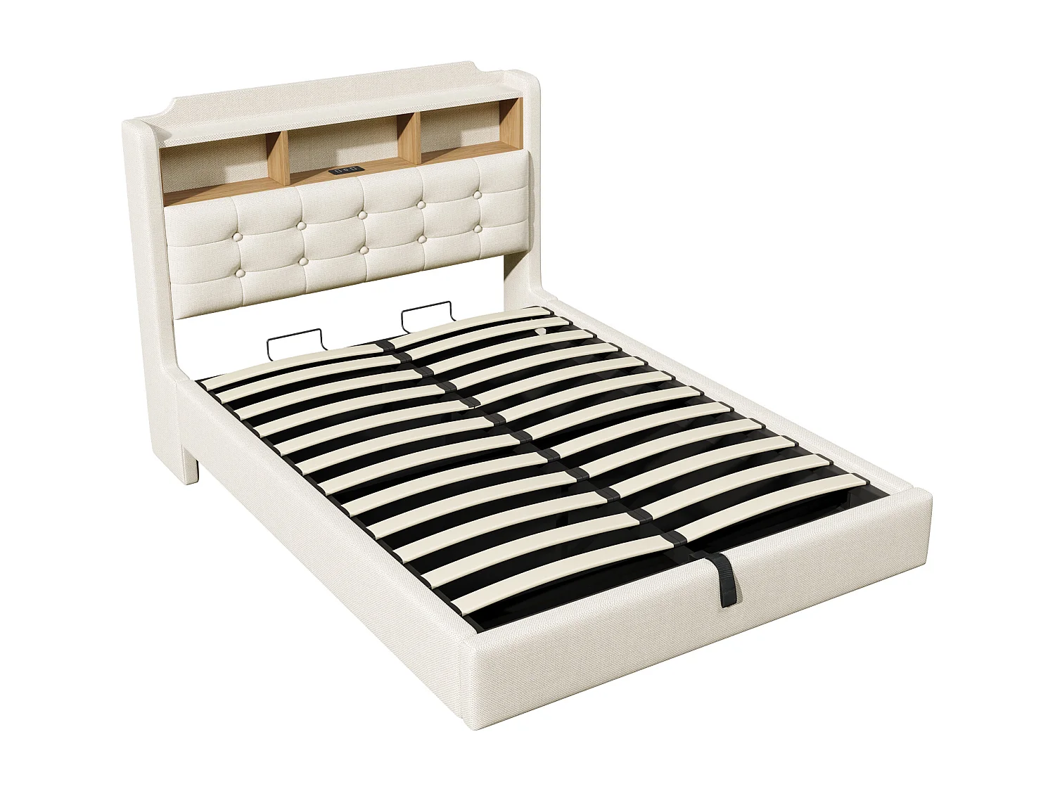 Łóżko tapicerowane ze schowkiem 140x200 cm - z oświetleniem LED - wyposażone w interfejs USB + Type-C - tkanina lniana - beżowy​ (materac nie jest wliczony w cenę)