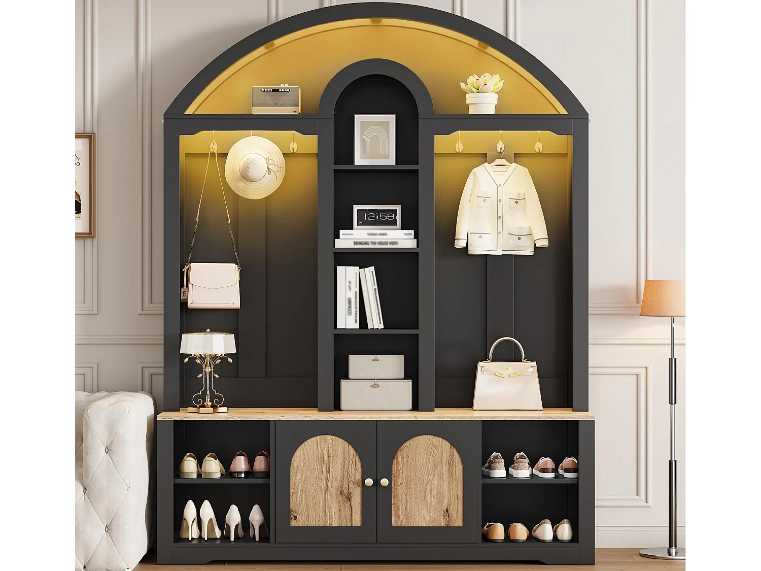 Set ingresso con appendiabiti 150x40x195 cm - Mobile porta scarpe - con illuminazione LED - Ripiano aperto - con ganci - 2 ante - MDF - Nero