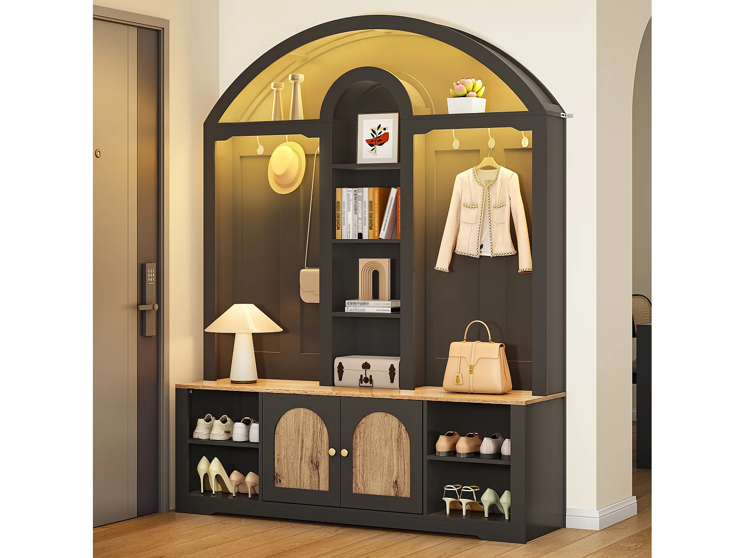 Set ingresso con appendiabiti 150x40x195 cm - Mobile porta scarpe - con illuminazione LED - Ripiano aperto - con ganci - 2 ante - MDF - Nero