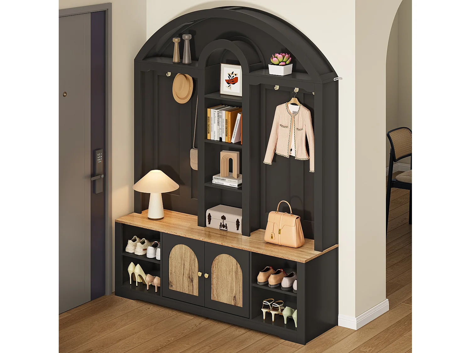 Set ingresso con appendiabiti 150x40x195 cm - Mobile porta scarpe - con illuminazione LED - Ripiano aperto - con ganci - 2 ante - MDF - Nero