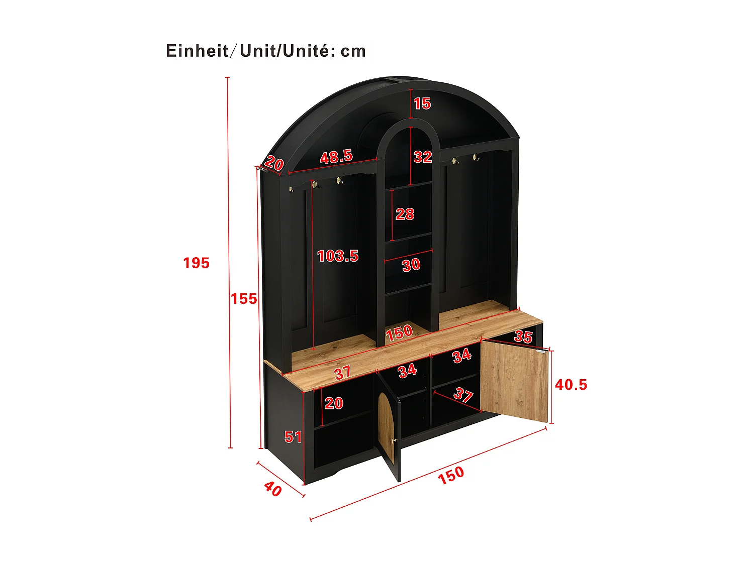 Set ingresso con appendiabiti 150x40x195 cm - Mobile porta scarpe - con illuminazione LED - Ripiano aperto - con ganci - 2 ante - MDF - Nero