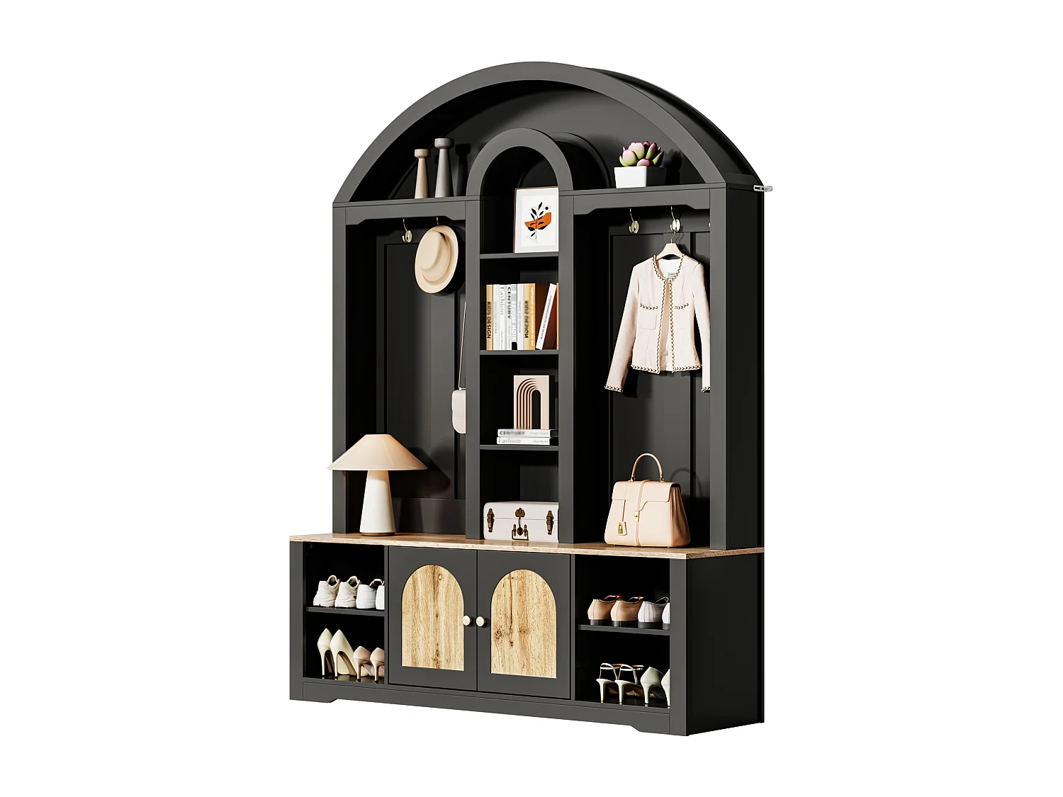 Set ingresso con appendiabiti 150x40x195 cm - Mobile porta scarpe - con illuminazione LED - Ripiano aperto - con ganci - 2 ante - MDF - Nero