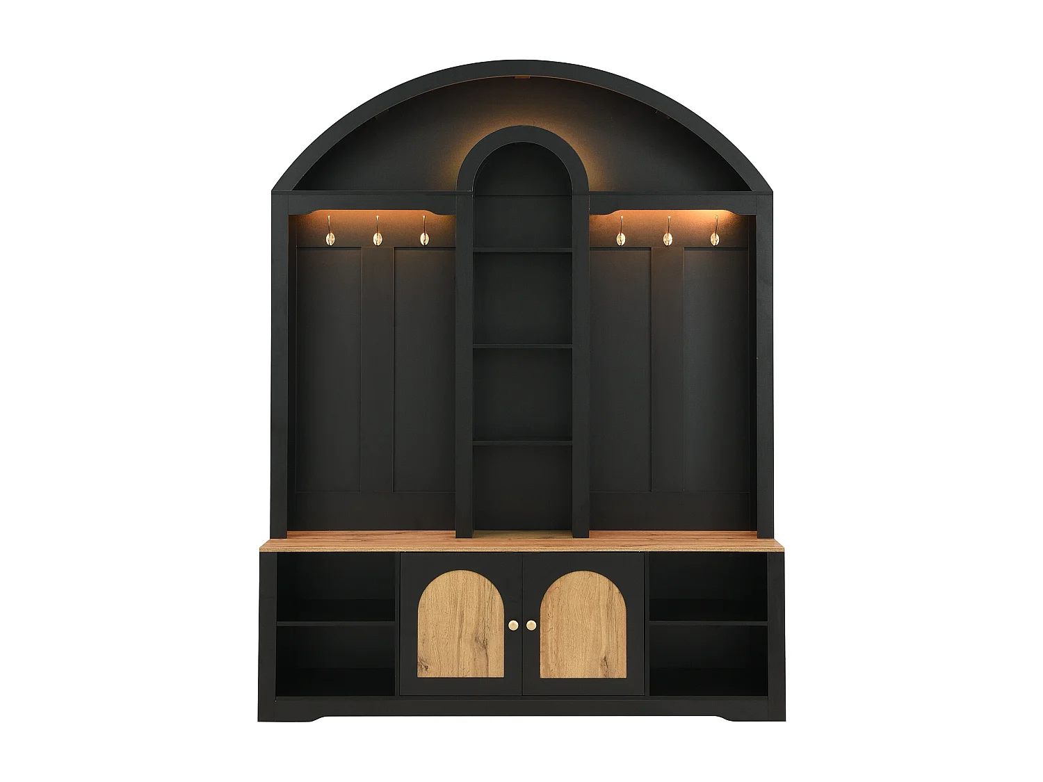 Set ingresso con appendiabiti 150x40x195 cm - Mobile porta scarpe - con illuminazione LED - Ripiano aperto - con ganci - 2 ante - MDF - Nero