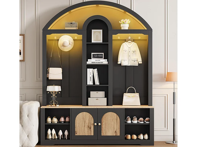 Zestaw na hol 150x40x195 cm - Szafa na buty - z oświetleniem LED - Otwarta półka - z wieszakami - 2 fronty - MDF - Czarny