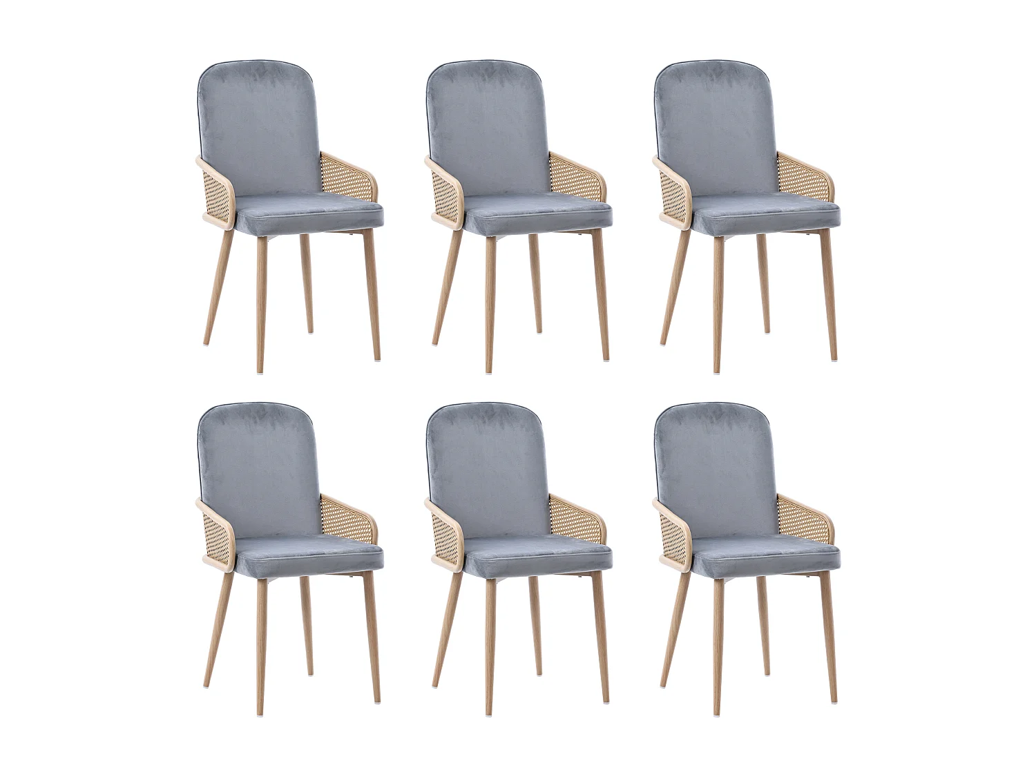 Lot de 6 chaises de salle à manger en velours - 45 x 43 x 90 cm - design rotin - avec 4 pieds en métal - gris