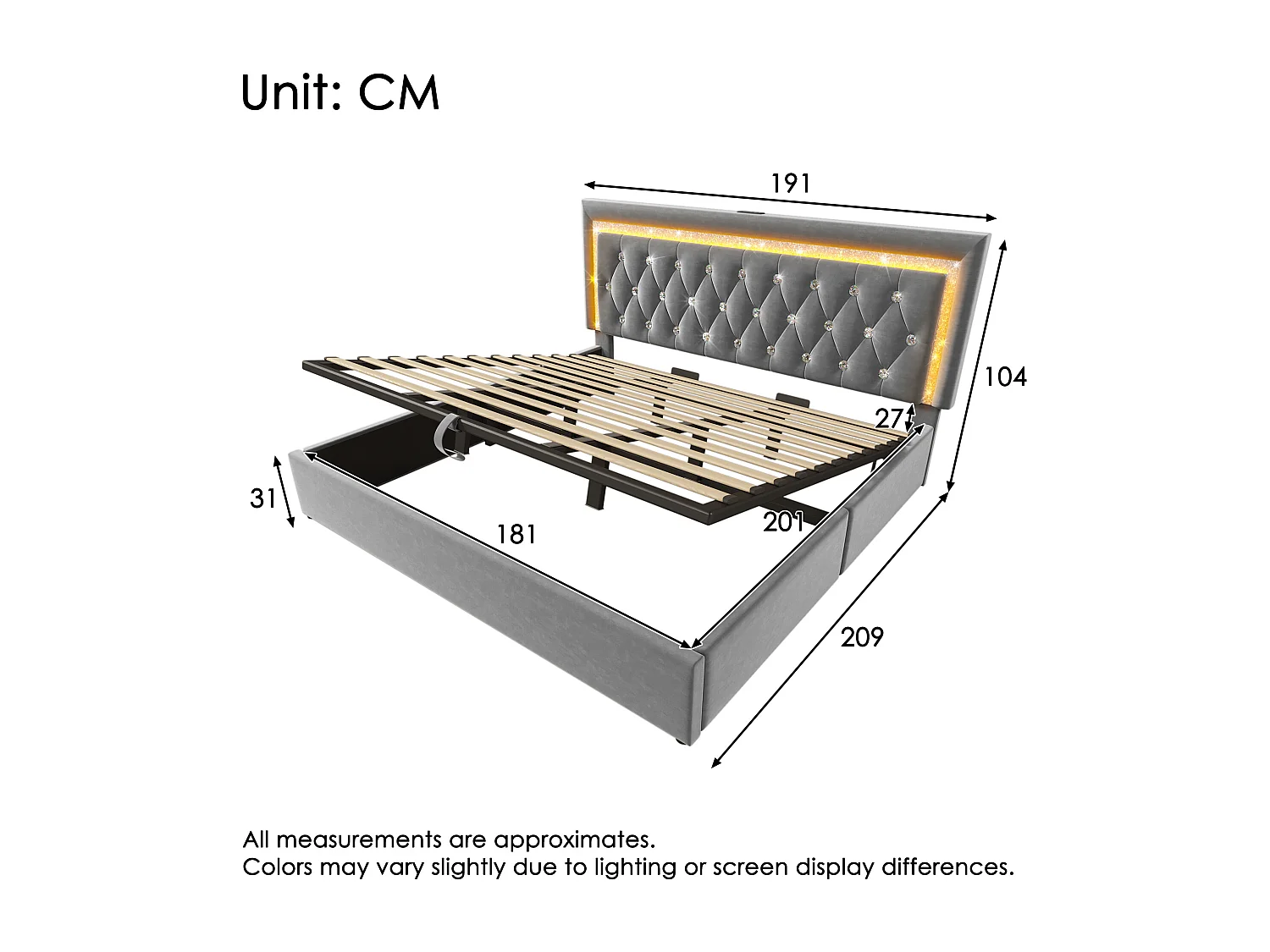 Cama con almacenamiento acolchada 180x200cm en terciopelo - con iluminación LED - con puertos USB y Tipo-C - con somier de láminas - Gris​ (sin colchón)