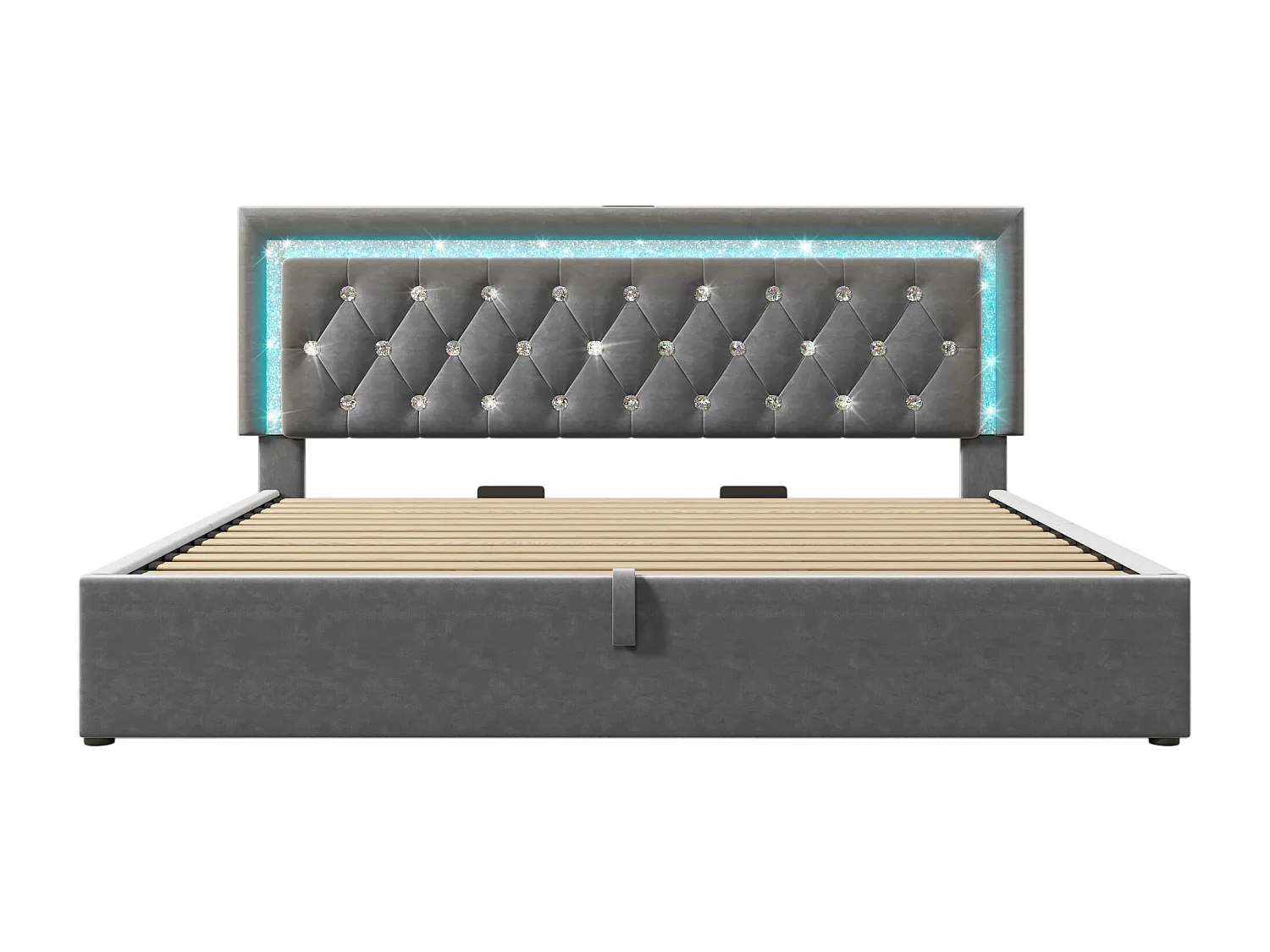 Lit coffre rembourré 180x200cm en velours - avec éclairage LED - avec ports USB et Type-C - avec sommier à lattes - Gris (sans matelas)