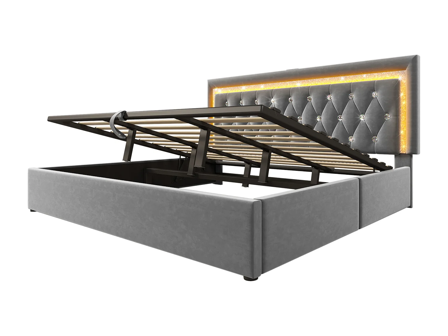 Lit coffre rembourré 180x200cm en velours - avec éclairage LED - avec ports USB et Type-C - avec sommier à lattes - Gris (sans matelas)