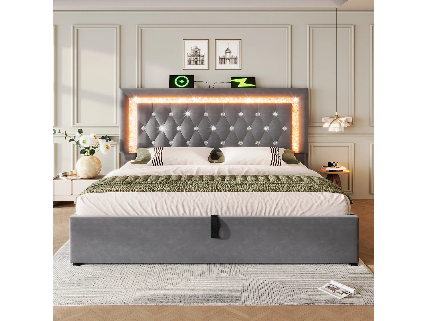 Lit coffre rembourré 180x200cm en velours - avec éclairage LED - avec ports USB et Type-C - avec sommier à lattes - Gris (sans matelas)