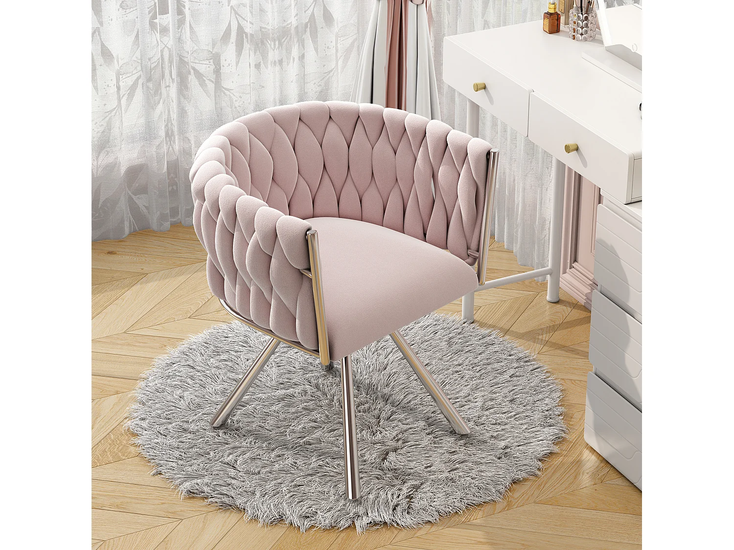 Poltrona da toeletta in velluto - 59 x 54 x 72 cm - poltrona girevole di lusso per camera da letto - gambe in metallo - rosa