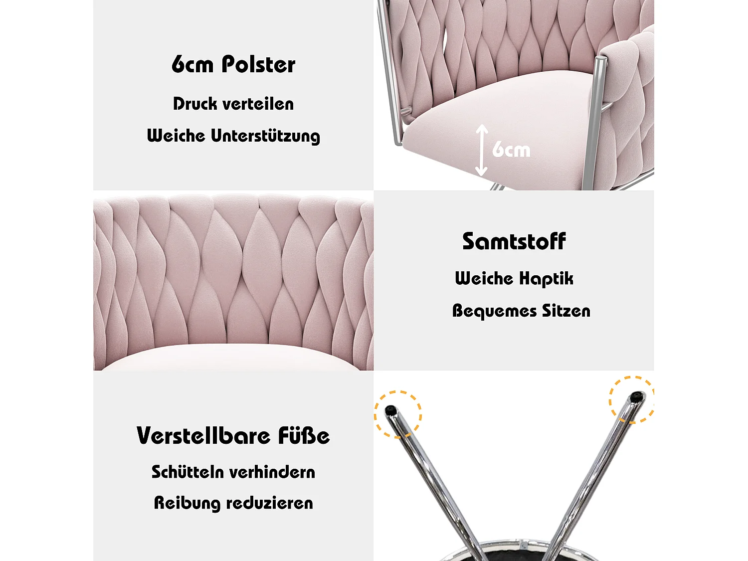 Poltrona da toeletta in velluto - 59 x 54 x 72 cm - poltrona girevole di lusso per camera da letto - gambe in metallo - rosa