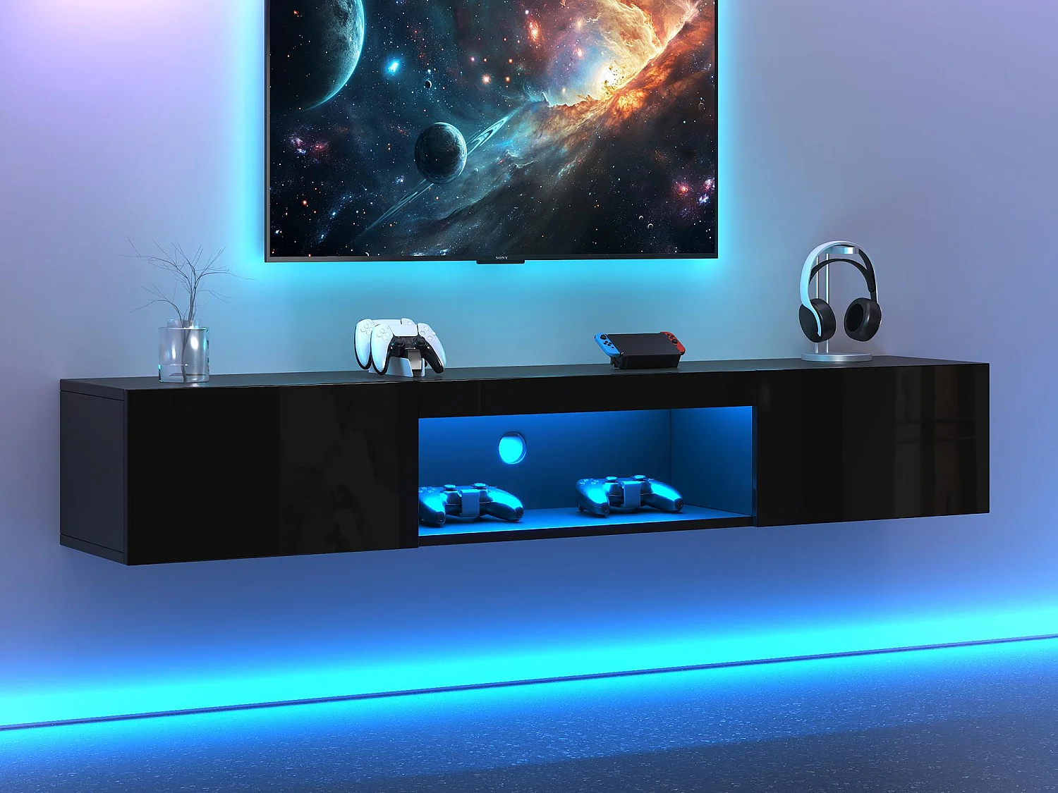 Wandmeubel TV 160x31x22 cm - LED-verlichting - 2 valluikdeuren - Glanzafwerking - Deeltjesplaten + MDF - Zwart