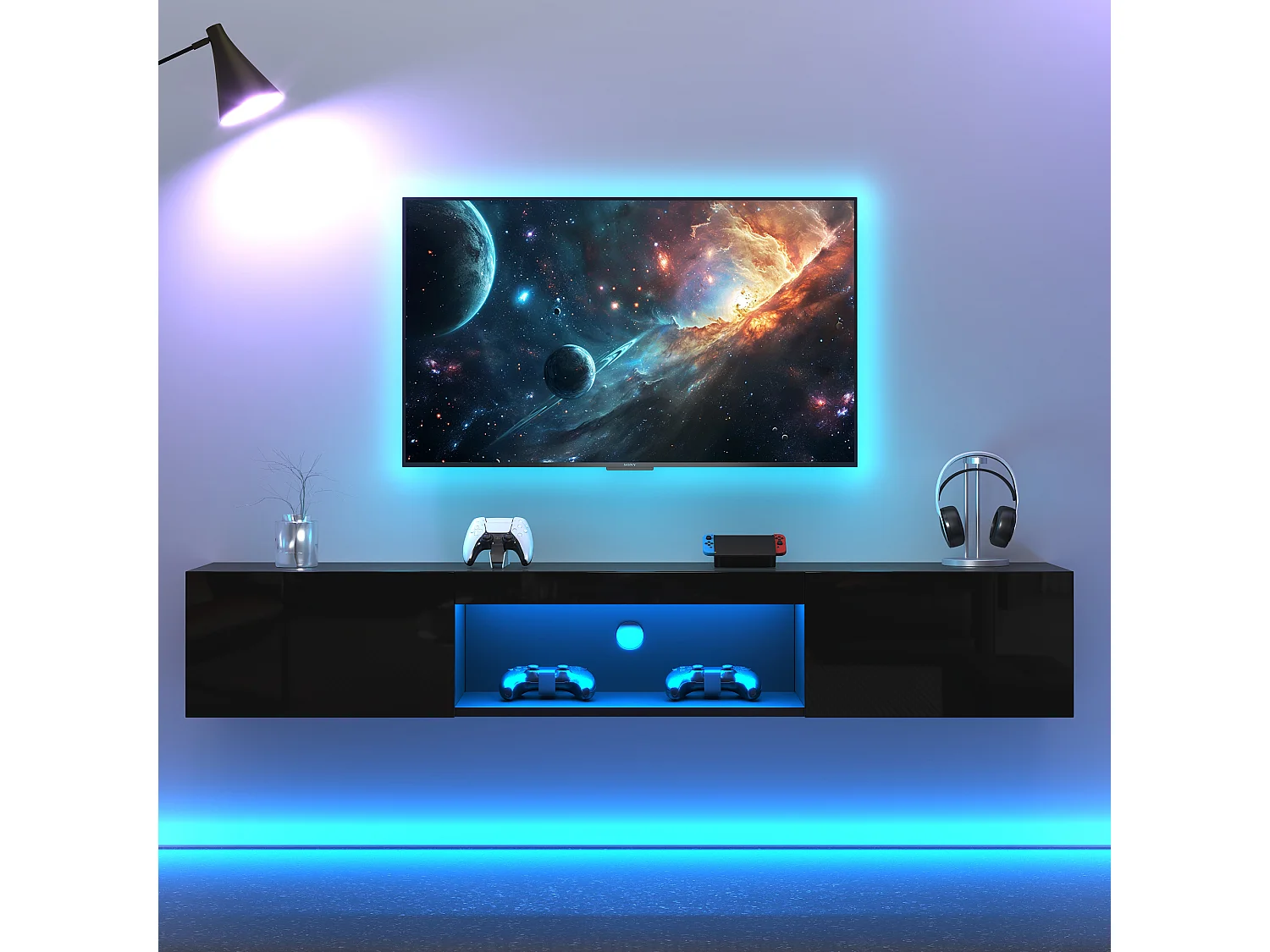 Wandmeubel TV 160x31x22 cm - LED-verlichting - 2 valluikdeuren - Glanzafwerking - Deeltjesplaten + MDF - Zwart