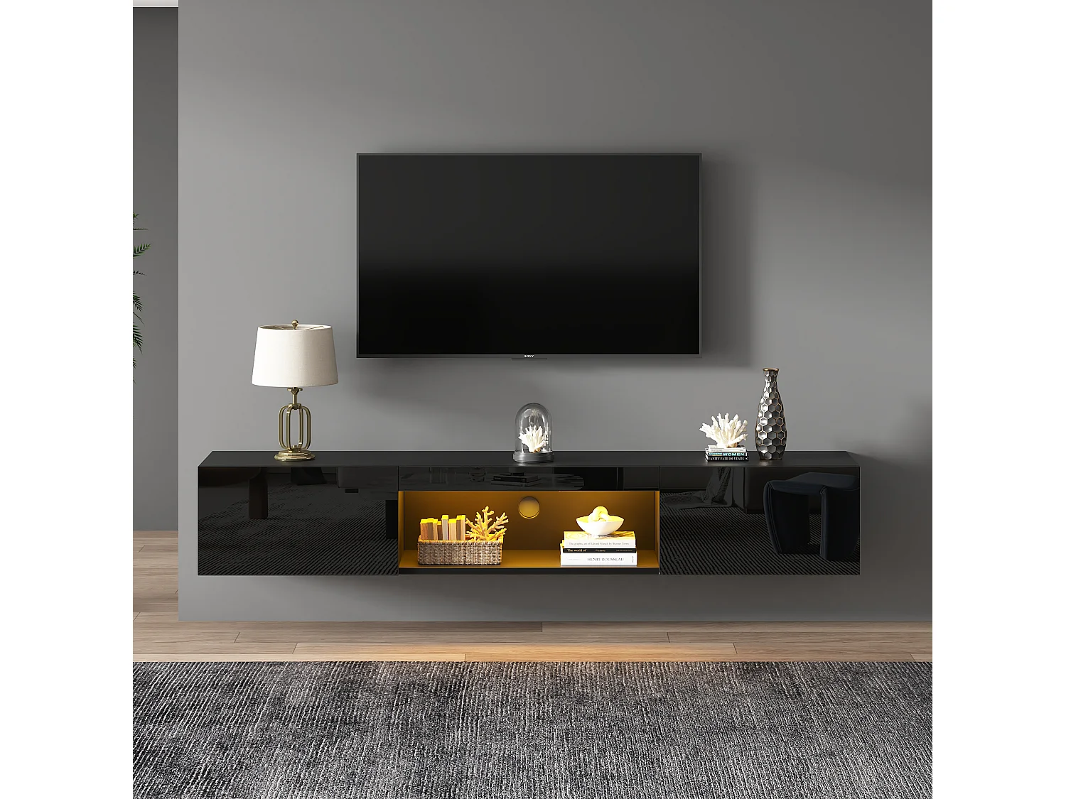Wandmeubel TV 160x31x22 cm - LED-verlichting - 2 valluikdeuren - Glanzafwerking - Deeltjesplaten + MDF - Zwart