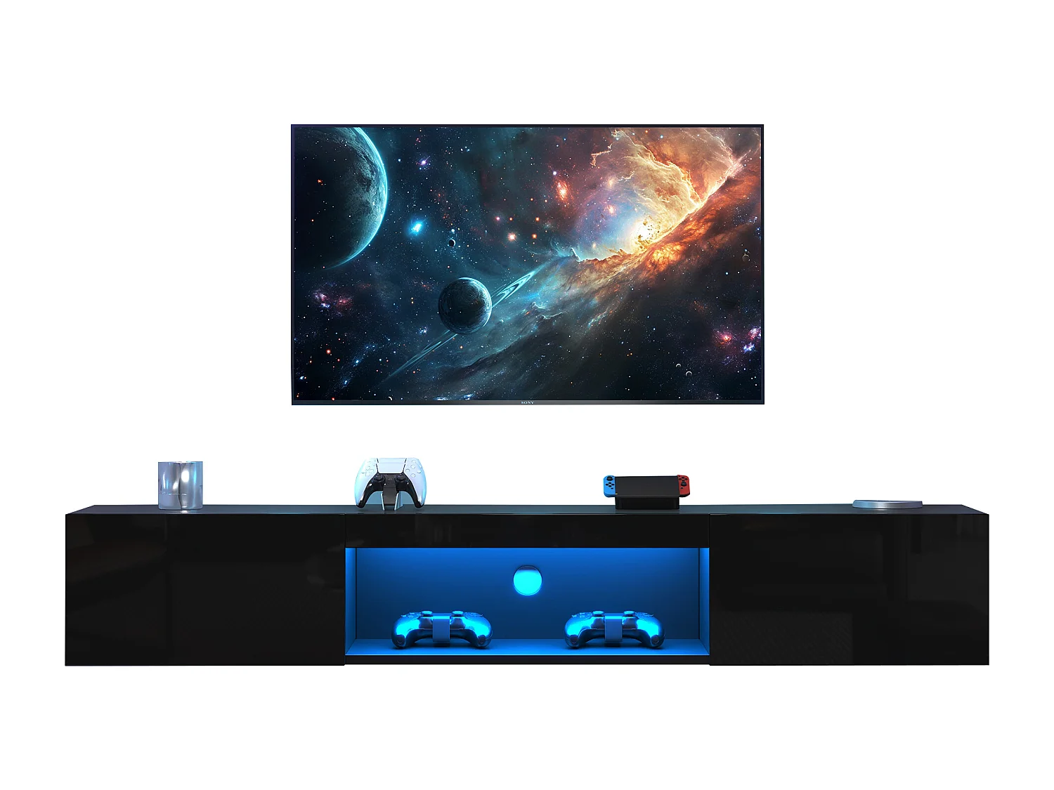Wandmeubel TV 160x31x22 cm - LED-verlichting - 2 valluikdeuren - Glanzafwerking - Deeltjesplaten + MDF - Zwart
