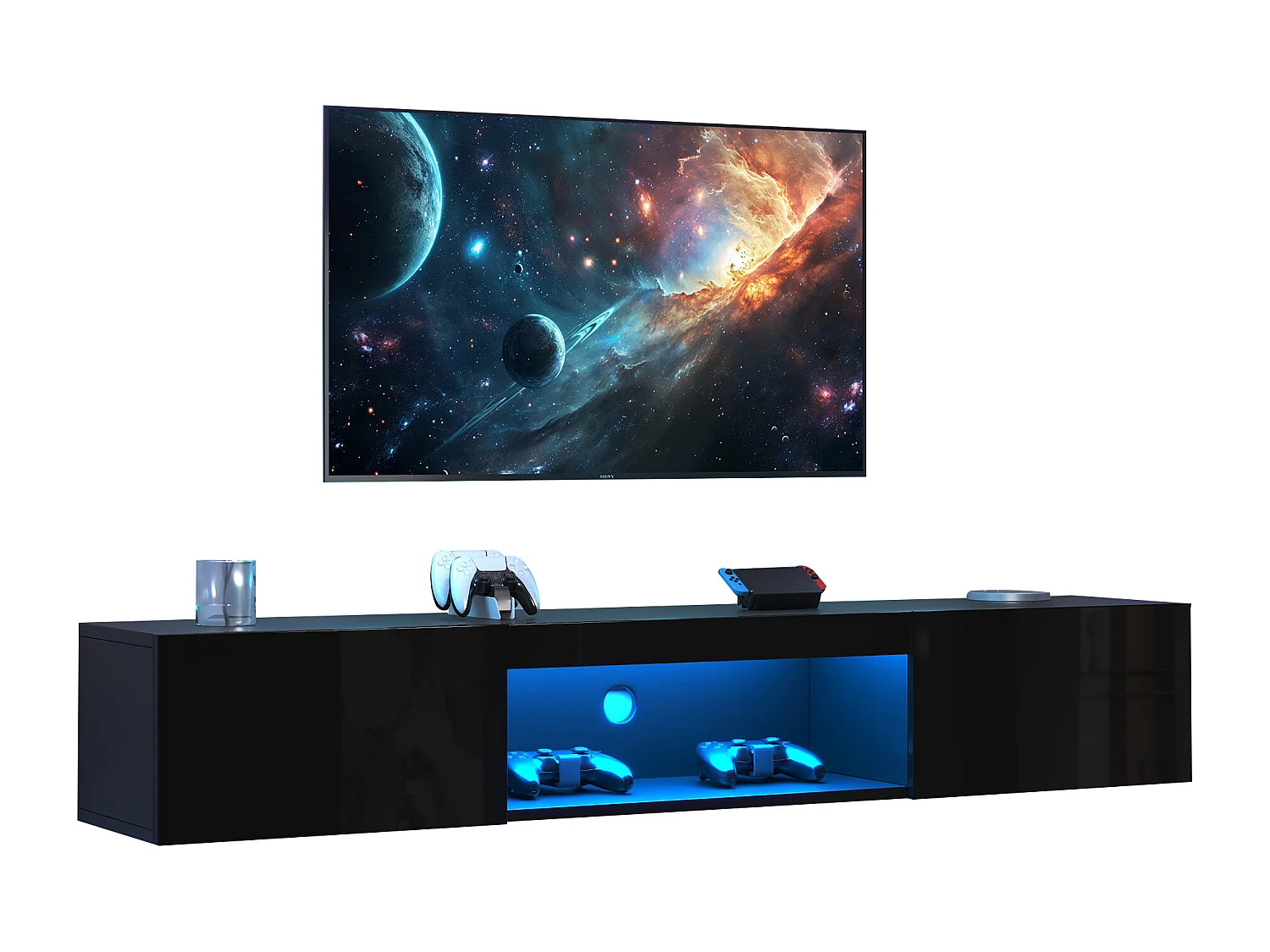 Wandmeubel TV 160x31x22 cm - LED-verlichting - 2 valluikdeuren - Glanzafwerking - Deeltjesplaten + MDF - Zwart
