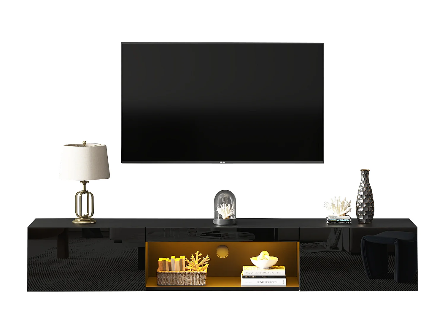 Wandmeubel TV 160x31x22 cm - LED-verlichting - 2 valluikdeuren - Glanzafwerking - Deeltjesplaten + MDF - Zwart