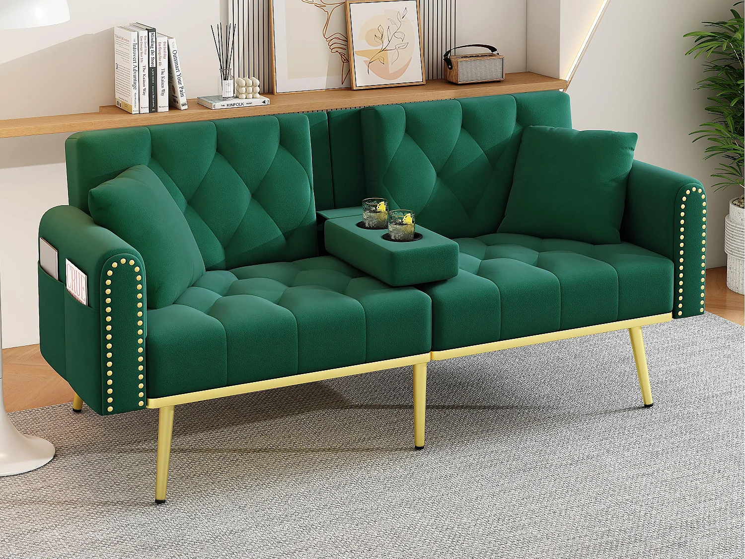 Sofá 2 plazas - con función relax - tres posiciones de inclinación ajustables - portavasos incluido - verde