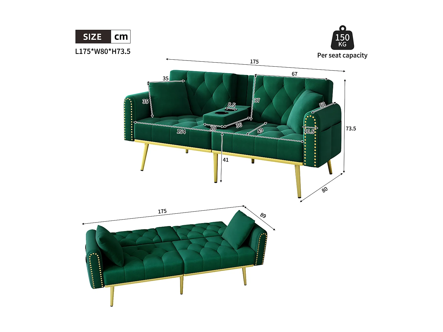 Canapé 2 places - avec fonction relax - trois positions d'inclinaison réglables - porte-gobelet inclus - vert