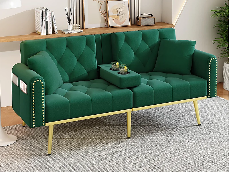 Canapé 2 places - avec fonction relax - trois positions d'inclinaison réglables - porte-gobelet inclus - vert