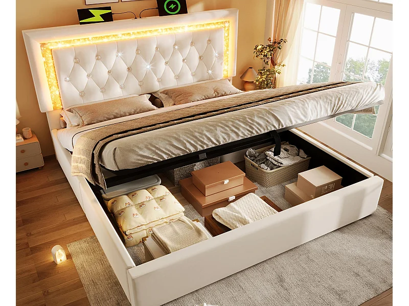 Gestoffeerd opbergbed 180x200cm van fluweel - met LED-verlichting - met USB- en Type-C-poorten - met lattenbodem - Beige (zonder matras)