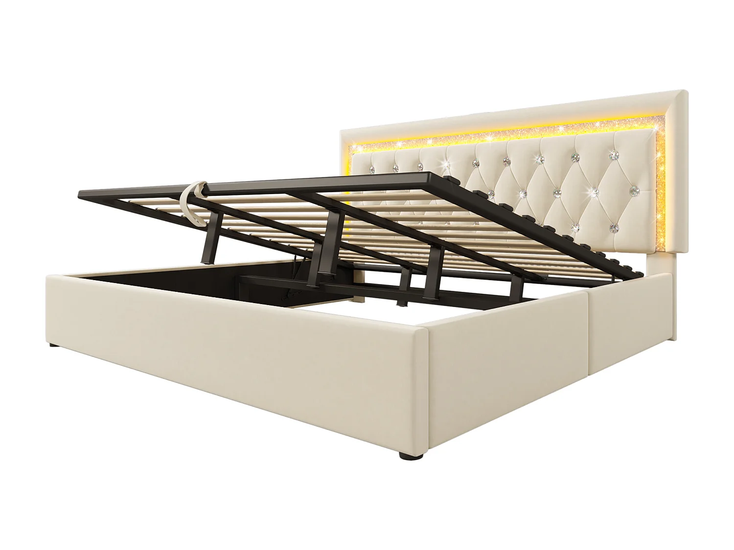Lit coffre rembourré 180x200cm en velours - avec éclairage LED - avec ports USB et Type-C - avec sommier à lattes - Beige (sans matelas)