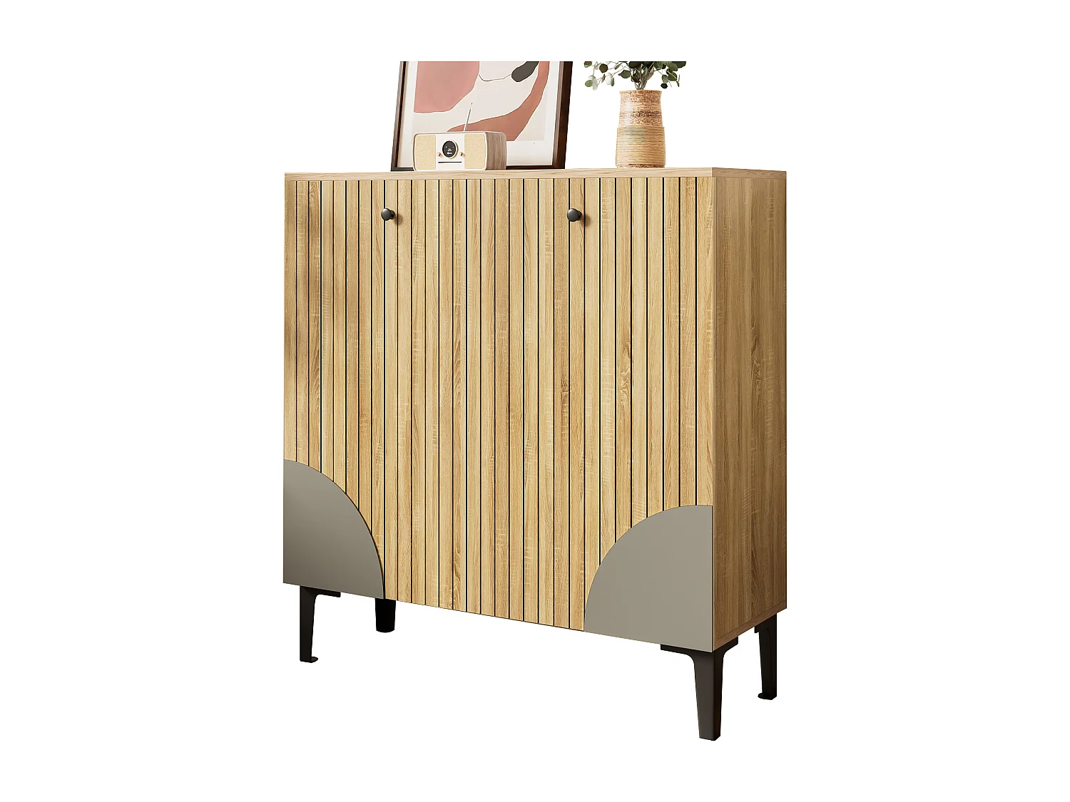 Meuble à chaussures moderne 90x32x94 cm - avec 3 portes - Étagères à plusieurs niveaux - aspect bois - Panneaux de particules - Naturel