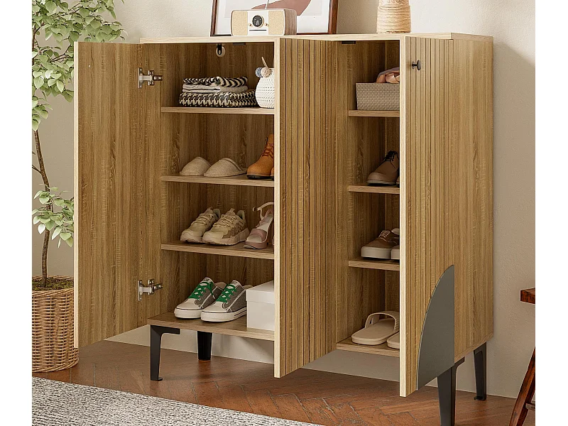 Meuble à chaussures moderne 90x32x94 cm - avec 3 portes - Étagères à plusieurs niveaux - aspect bois - Panneaux de particules - Naturel