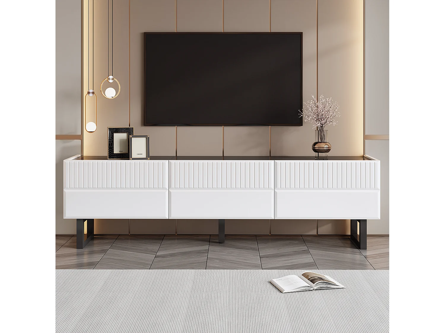 TV-Schrank 170x35x47cm - mit 3 Schubladen - Hochglanzlackierte Platte - Eisenfüße - MDF - Weiß und schwarz