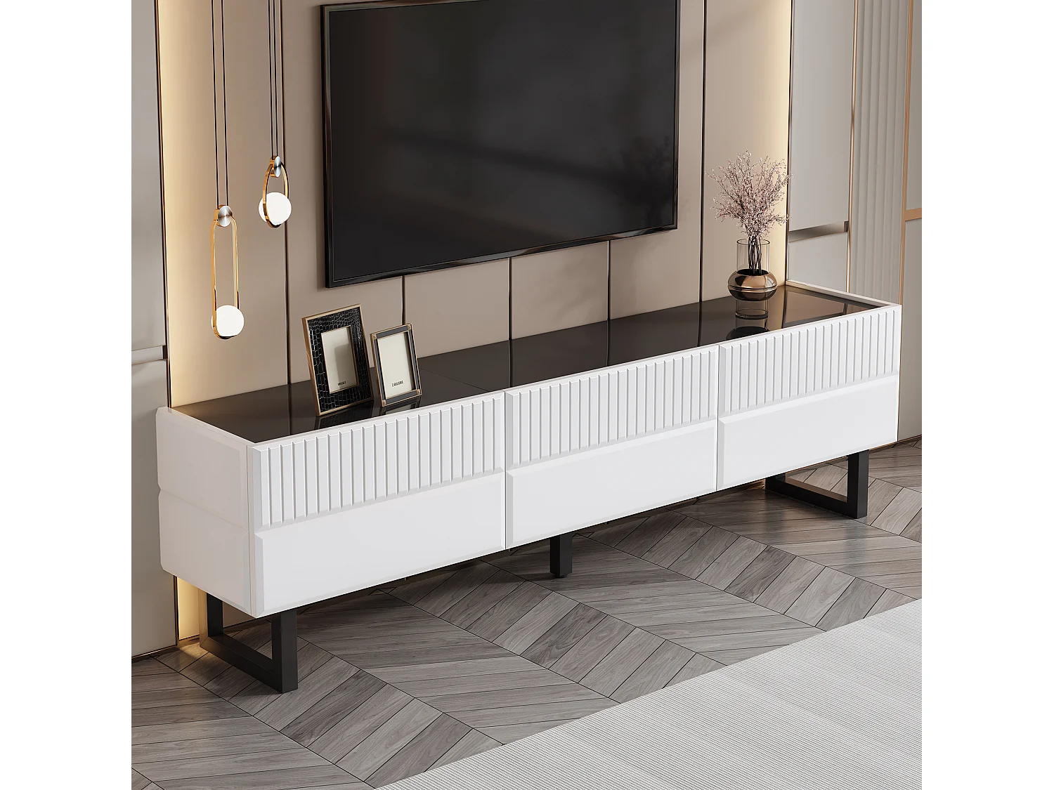 TV-Schrank 170x35x47cm - mit 3 Schubladen - Hochglanzlackierte Platte - Eisenfüße - MDF - Weiß und schwarz