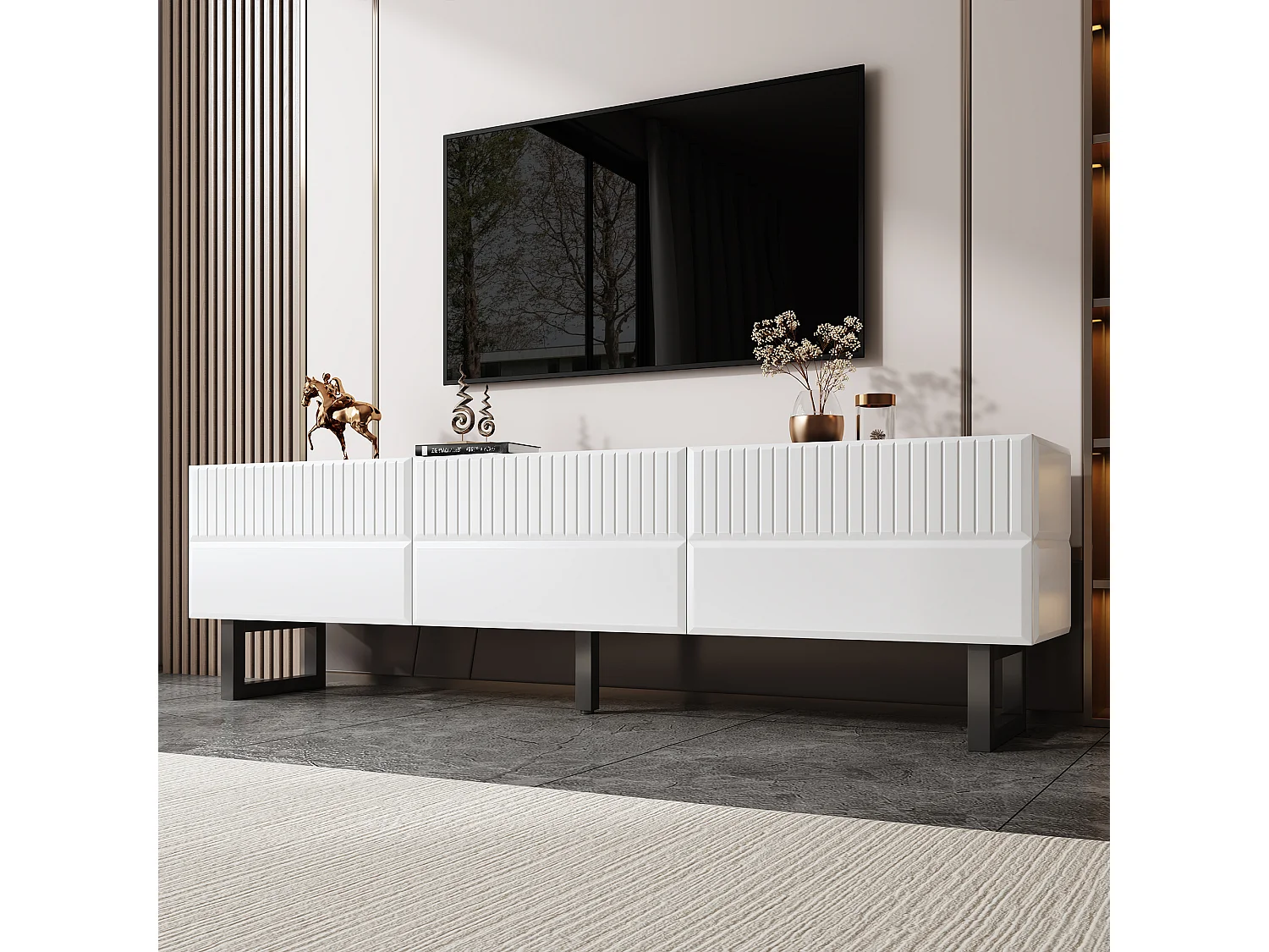 TV-Schrank 170x35x47cm - mit 3 Schubladen - Hochglanzlackierte Platte - Eisenfüße - MDF - Weiß und schwarz