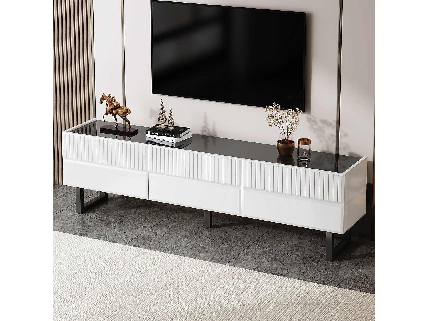 TV-Schrank 170x35x47cm - mit 3 Schubladen - Hochglanzlackierte Platte - Eisenfüße - MDF - Weiß und schwarz