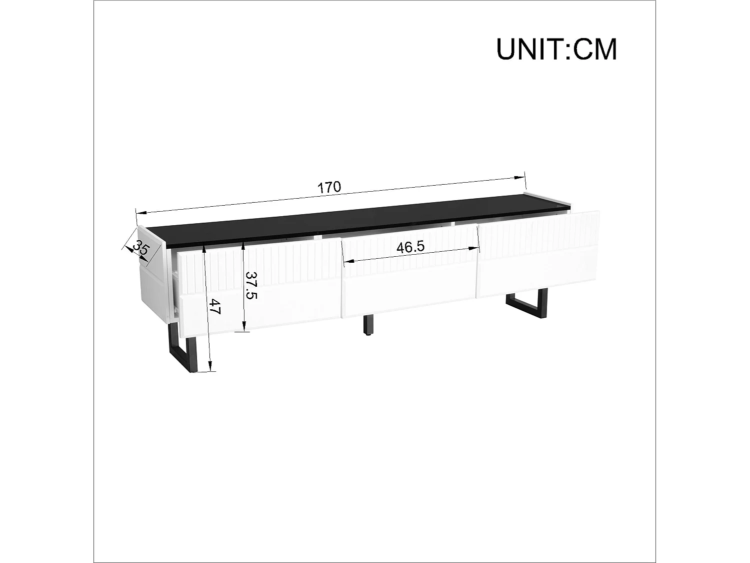 TV-Schrank 170x35x47cm - mit 3 Schubladen - Hochglanzlackierte Platte - Eisenfüße - MDF - Weiß und schwarz