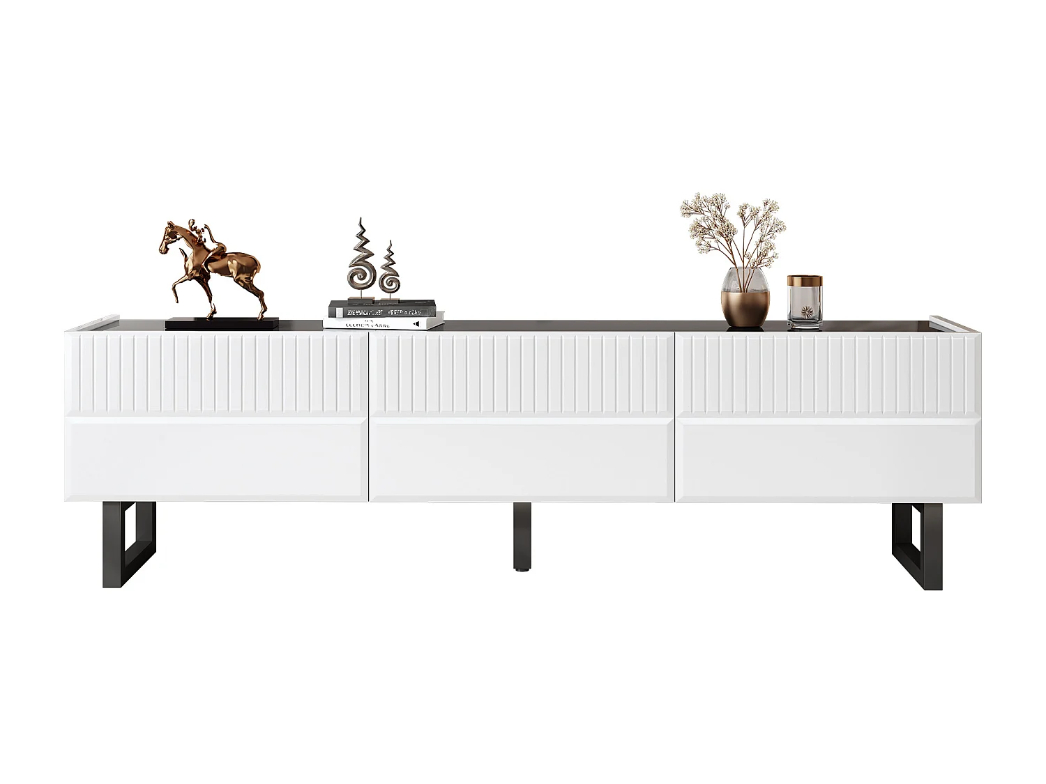 TV-Schrank 170x35x47cm - mit 3 Schubladen - Hochglanzlackierte Platte - Eisenfüße - MDF - Weiß und schwarz