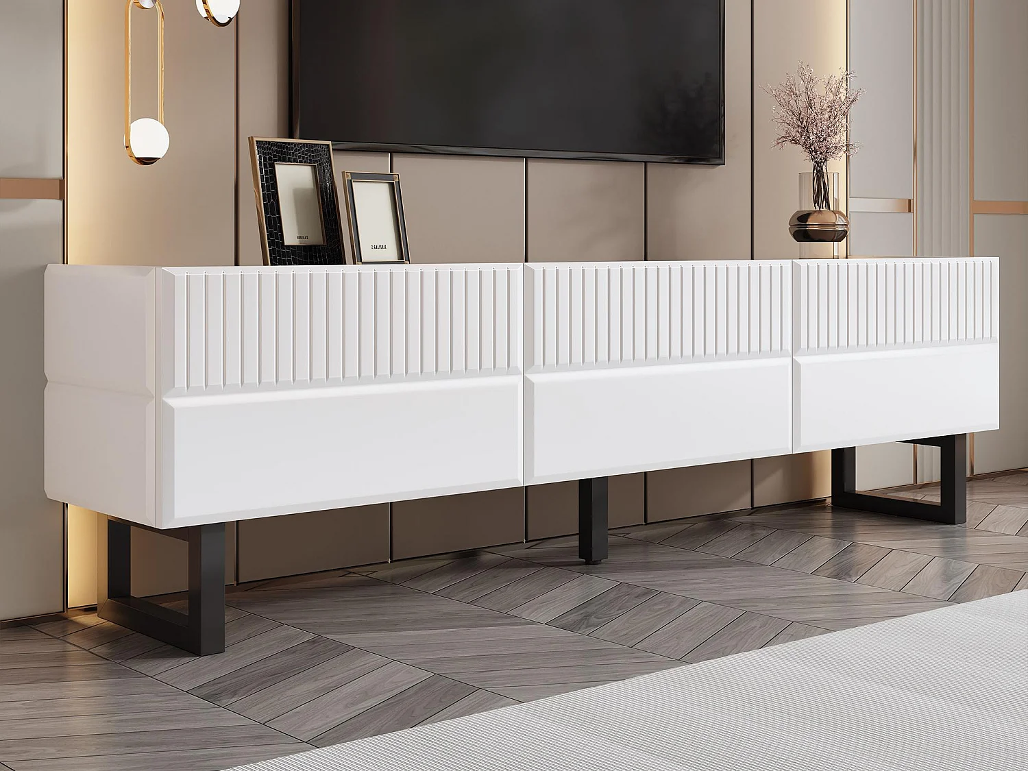 Mobile per TV 170x35x47cm - con 3 cassetti - Piano laccato brillante - Gambe in ferro - MDF - Bianco e nero