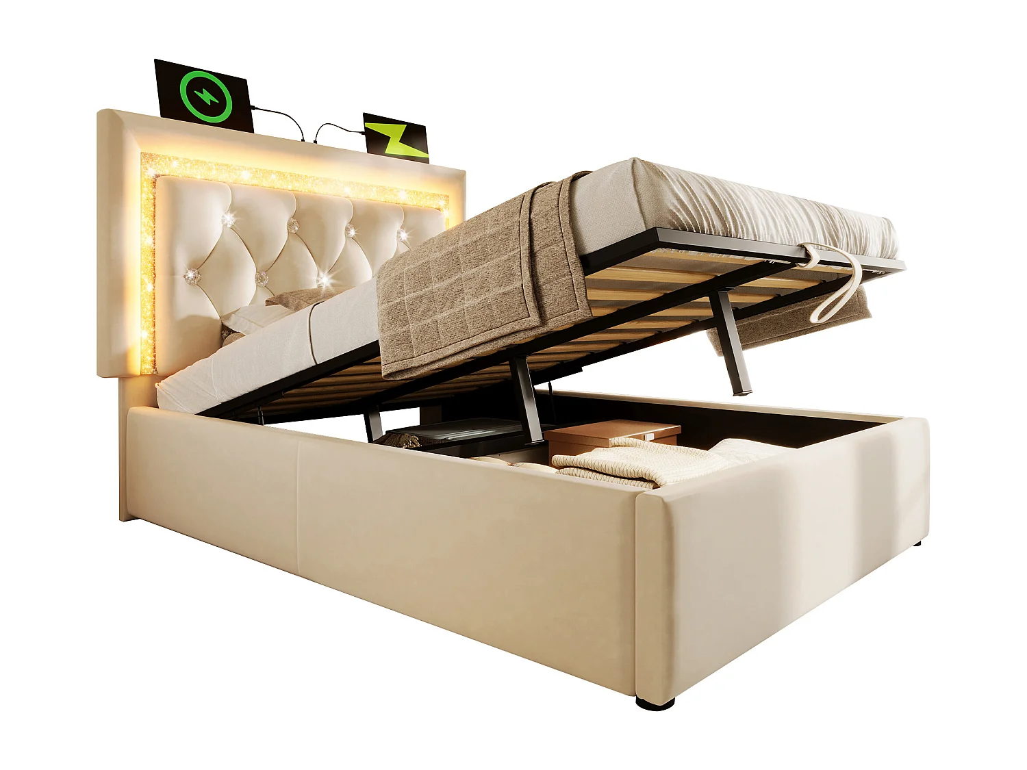 Lit coffre rembourré 90x200cm en velours - avec éclairage LED - avec ports USB et Type-C - avec sommier à lattes - Beige (sans matelas)