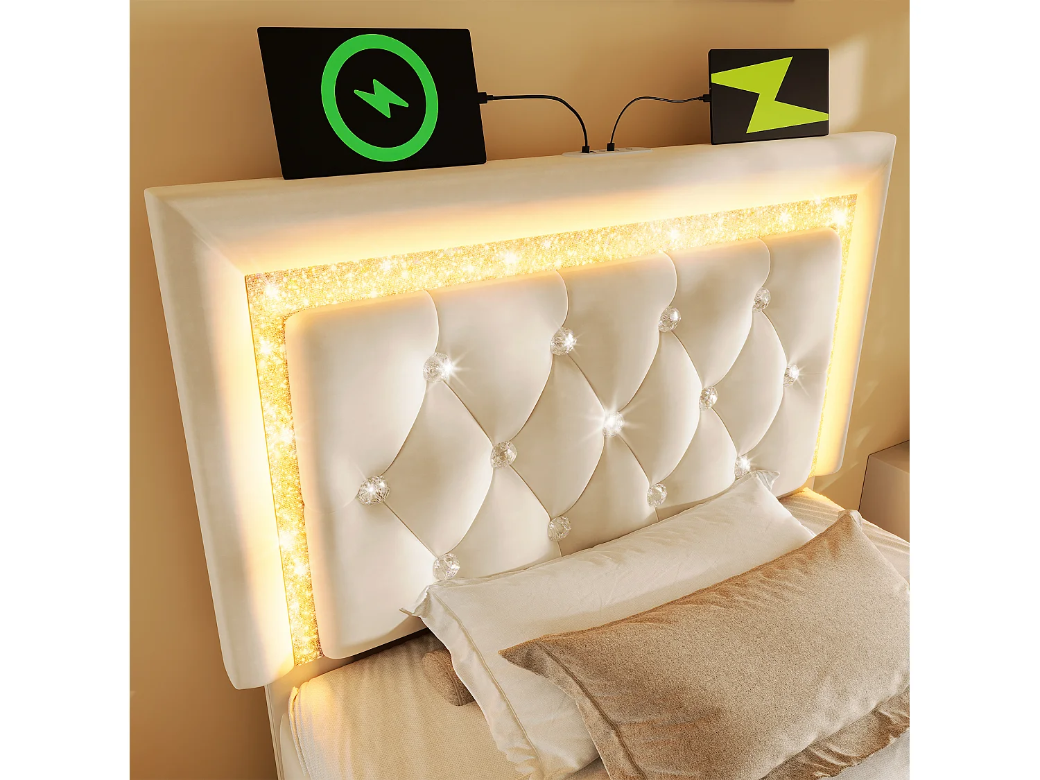 Lit coffre rembourré 90x200cm en velours - avec éclairage LED - avec ports USB et Type-C - avec sommier à lattes - Beige (sans matelas)