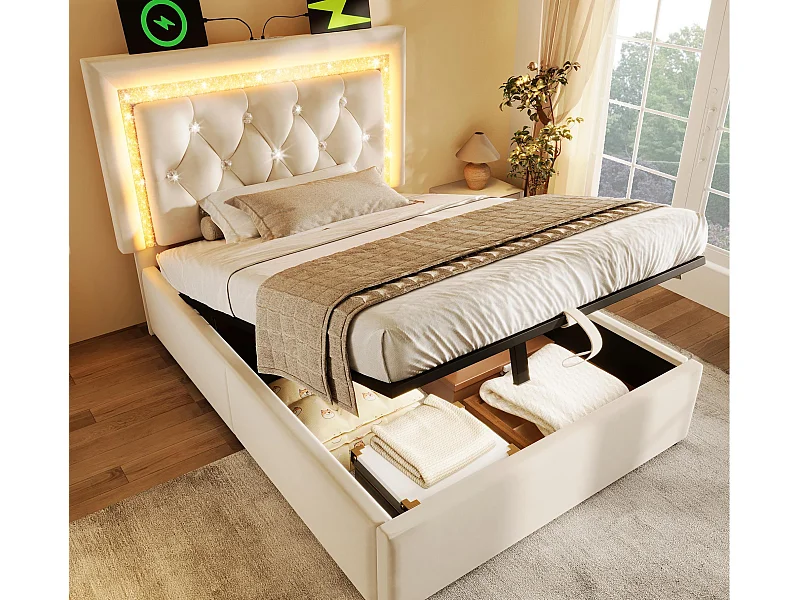 Cama com baú estofada 90x200cm de veludo - com iluminação LED - com portas USB e Tipo-C - com somier de ripas - Bege (sem colchão)