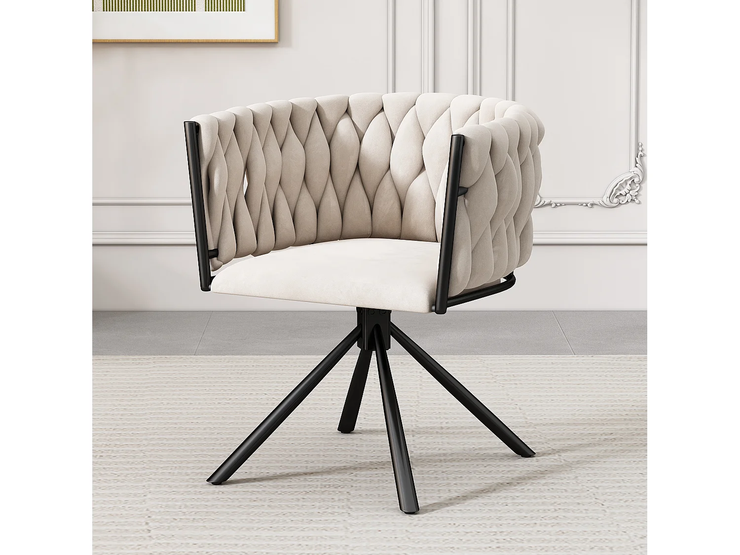 Sillón giratorio de lujo en color claro para salón - 61 x 51,5 x 71 cm - 4 patas metálicas - terciopelo - beige