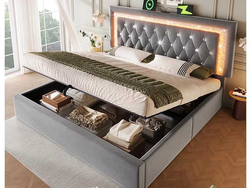 Łóżko tapicerowane ze schowkiem 160x200cm z weluru - z oświetleniem LED - z portami USB i Type-C - z stelażem lamelowym - Szary​ (bez materaca)