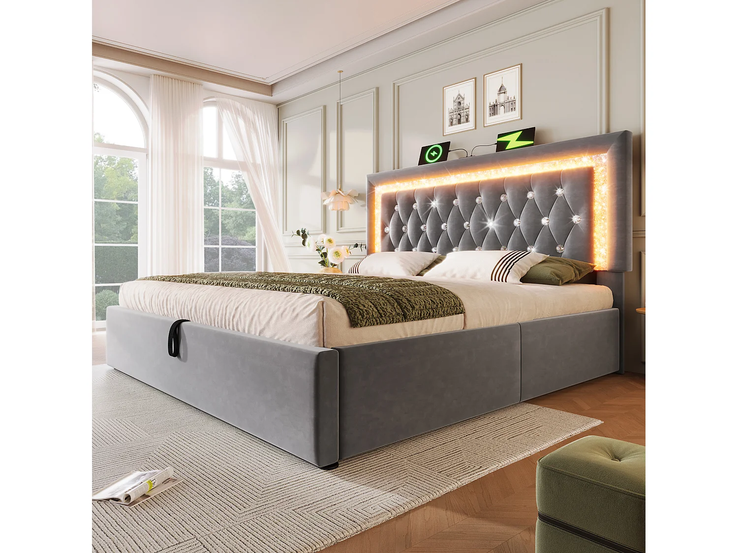 Lit coffre rembourré 160x200cm en velours - avec éclairage LED - avec ports USB et Type-C - avec sommier à lattes - Gris (sans matelas)