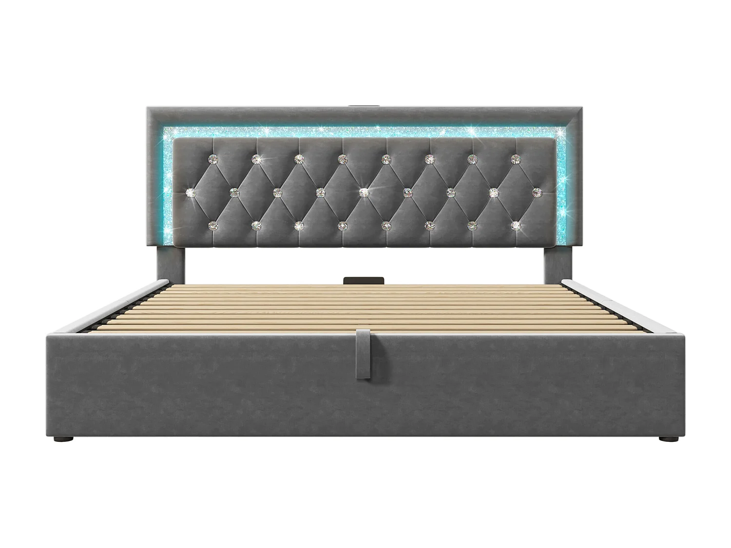 Lit coffre rembourré 160x200cm en velours - avec éclairage LED - avec ports USB et Type-C - avec sommier à lattes - Gris (sans matelas)