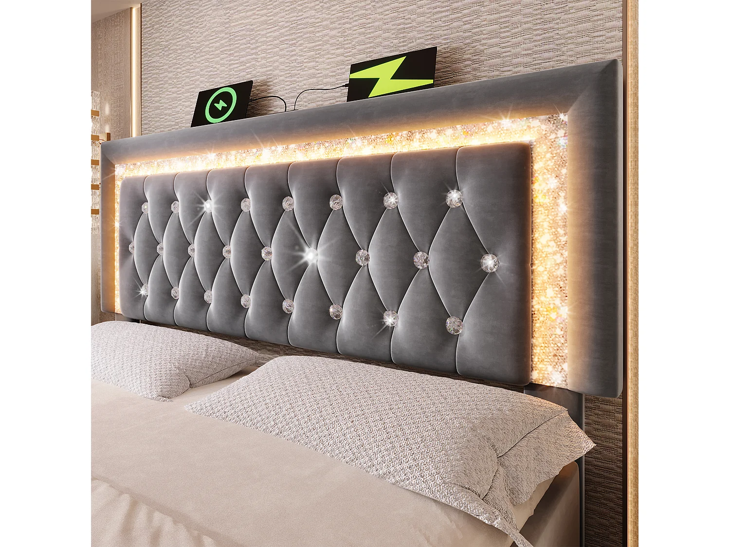 Lit coffre rembourré 160x200cm en velours - avec éclairage LED - avec ports USB et Type-C - avec sommier à lattes - Gris (sans matelas)