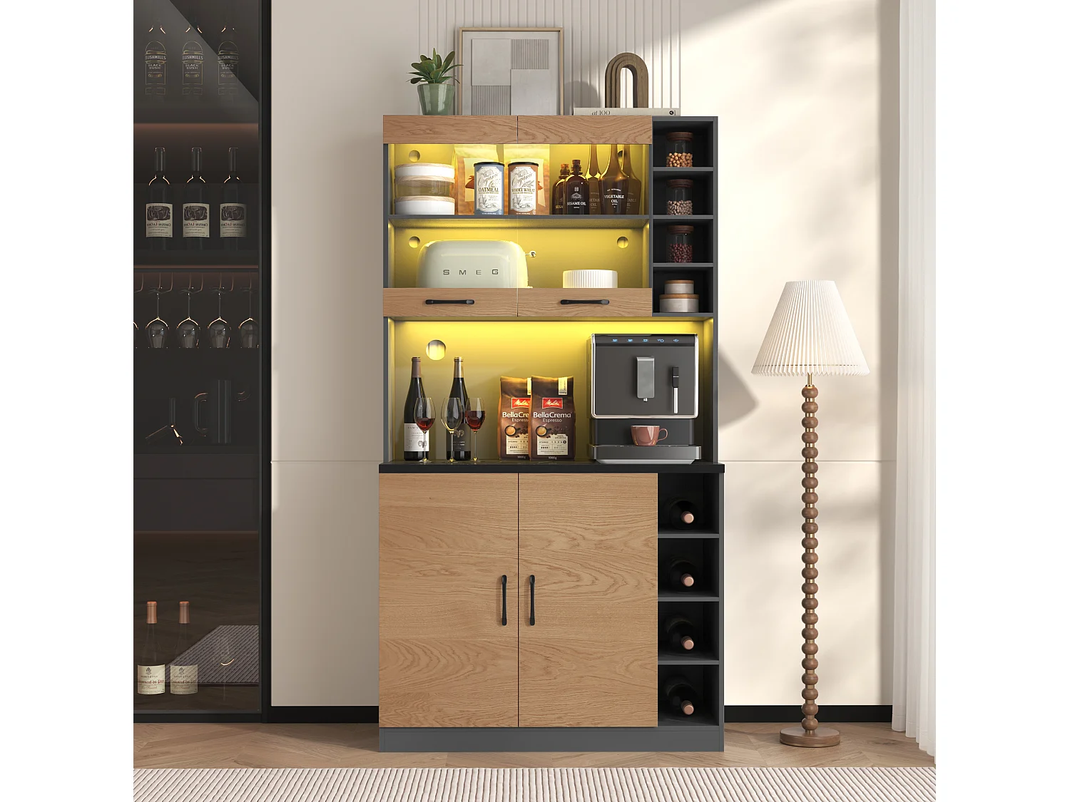 Aparador alto de cozinha - 100 x 47 x 187 cm - com LEDs + 4 portas + prateleiras ajustáveis - MDF + Acrílico - cor natural