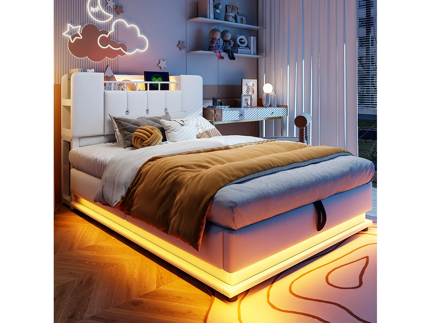 Cama con almacenamiento acolchada 90x200 cm - con luz LED - con puerto USB - terciopelo - beige (colchón no incluido)