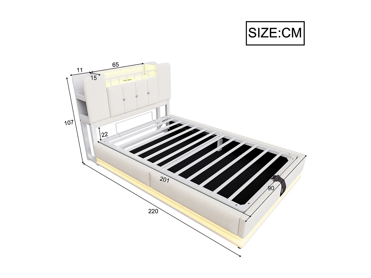 Cama con almacenamiento acolchada 90x200 cm - con luz LED - con puerto USB - terciopelo - beige (colchón no incluido)