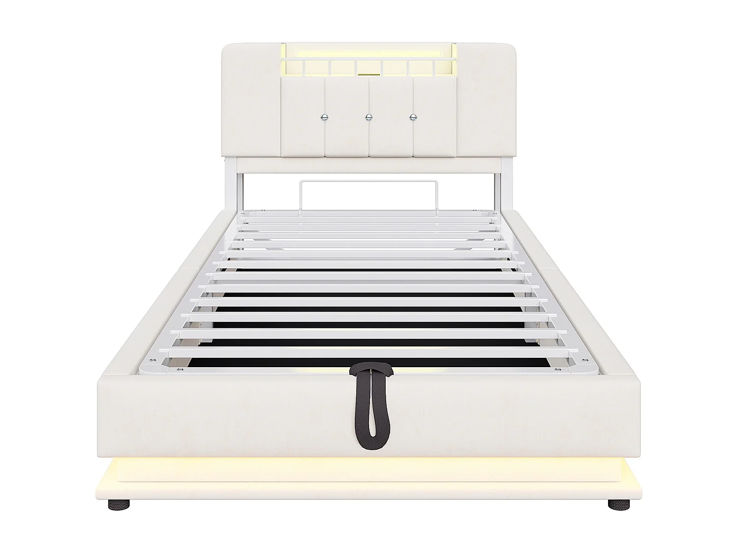 Cama con almacenamiento acolchada 90x200 cm - con luz LED - con puerto USB - terciopelo - beige (colchón no incluido)