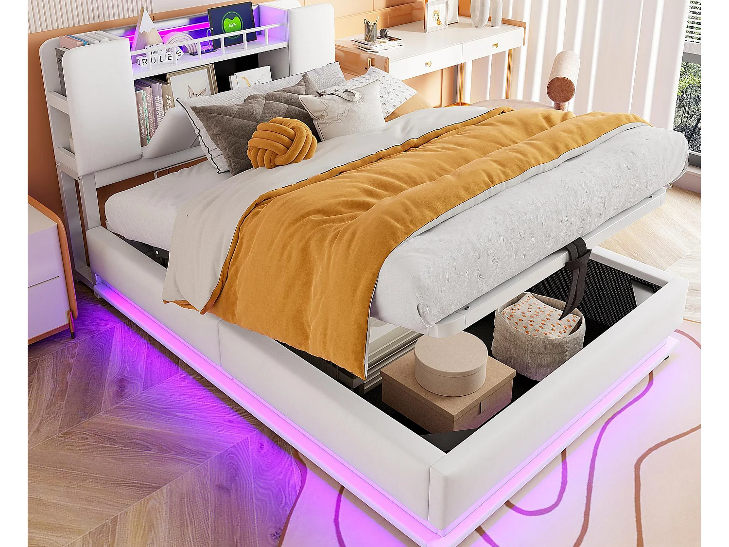 Gepolstertes Stauraumbett 90x200 cm - mit LED-Beleuchtung - mit USB-Anschluss - Samt - beige (Matratze nicht inbegriffen)