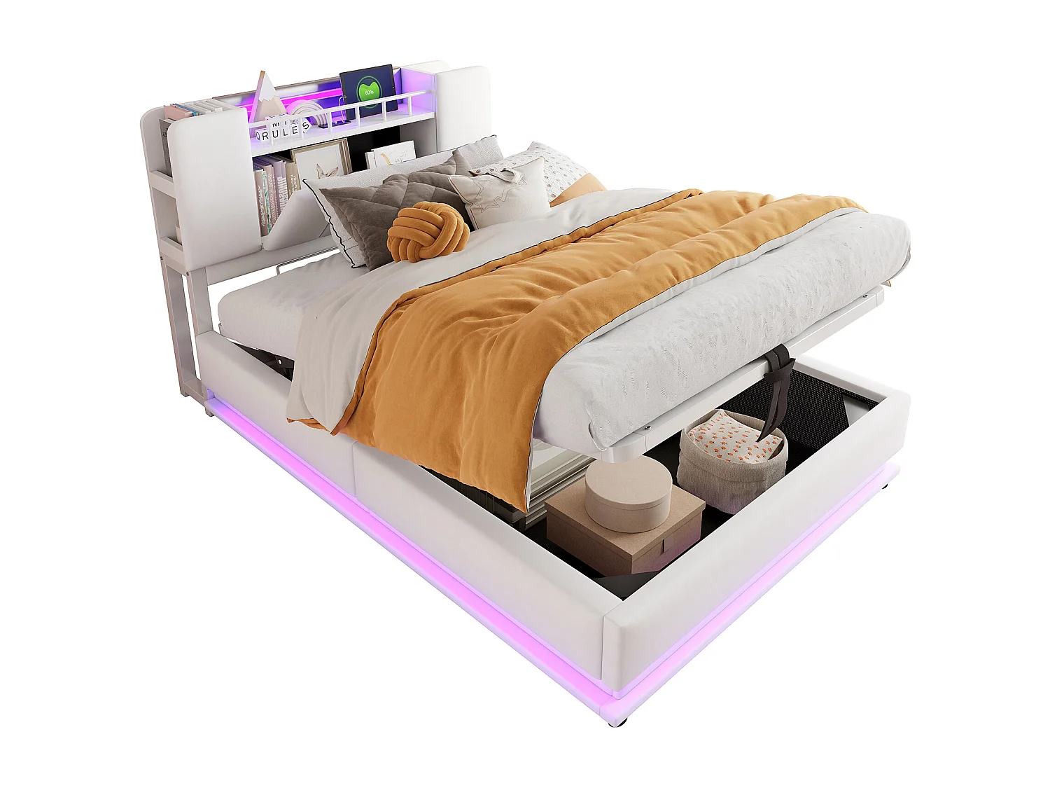 Gepolstertes Stauraumbett 90x200 cm - mit LED-Beleuchtung - mit USB-Anschluss - Samt - beige (Matratze nicht inbegriffen)